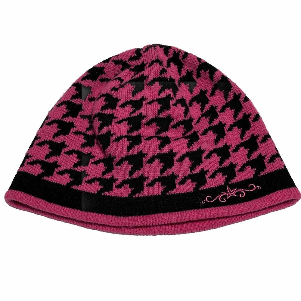 Pink Black Girls Youth Beanie Winter Hat Reversible
